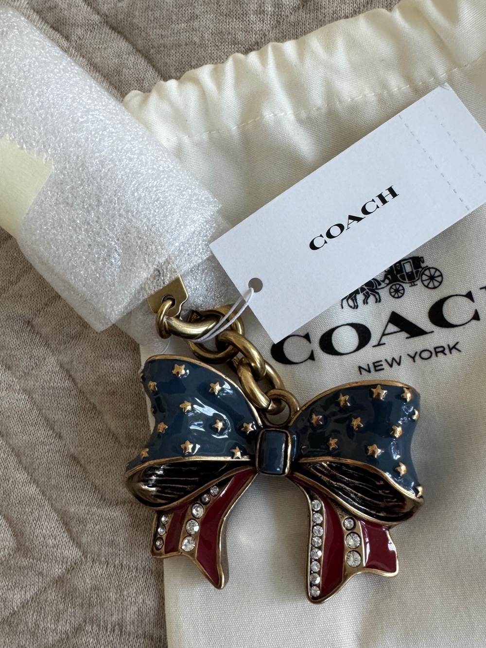 Coach Americana Navy, Red & Gold Bow Key Charm with Star Studs and Crystals